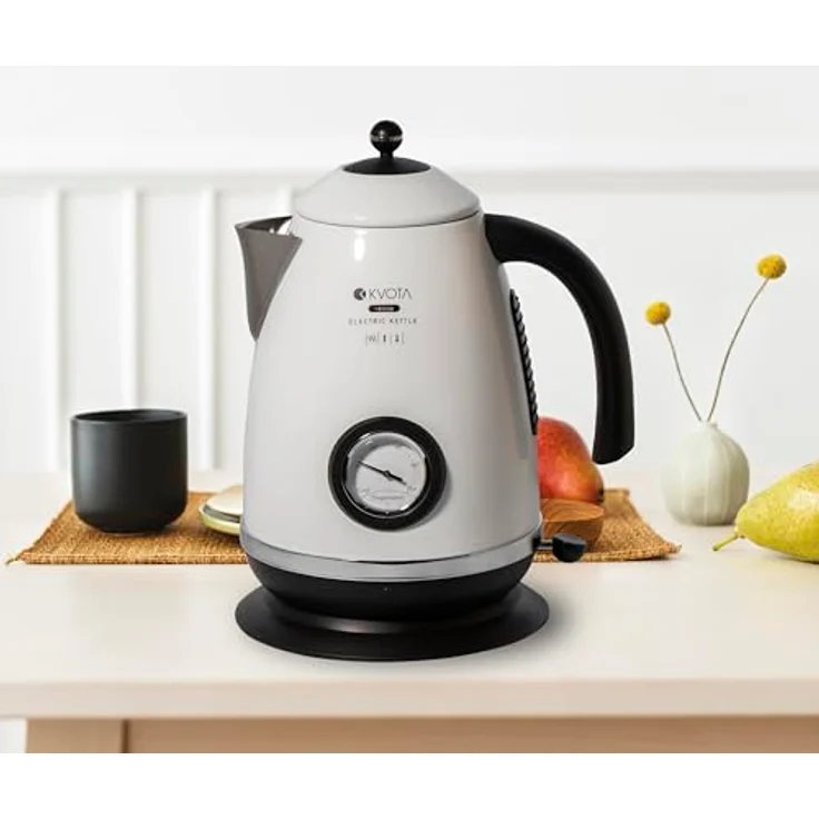 KVOTA Elektrischer Wasserkocher 1,7 L im Retro-Style, Edelstahl, mit analoger Temperaturanzeige, max. 2200 W, Kabellos & 360° drehbar, Überhitzungs- & Trockenlaufschutz, weiß-schwarz – Bild 2