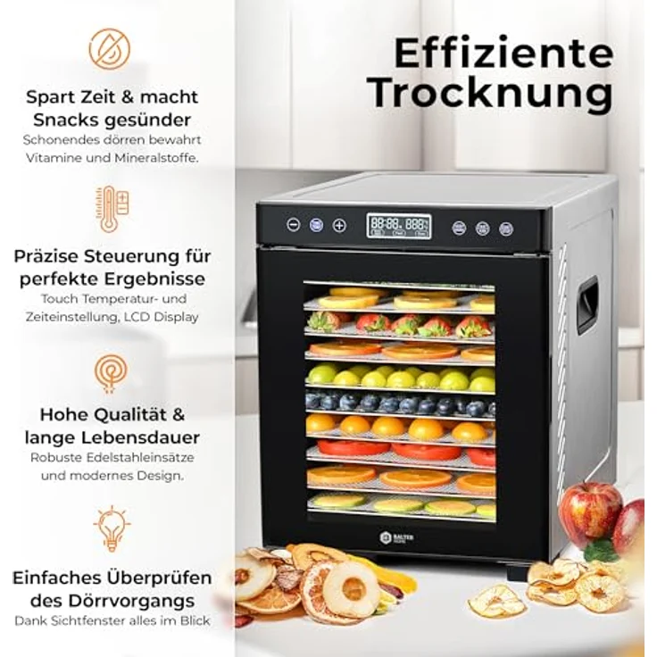 Balter Dörrautomat DA-109, Edelstahl Dörrgerät mit 10 Fächern, 700W, 8400 cm² Dörrfläche, 35°- 75 °C, Timer bis 48 Std, Warmhaltefunktion, inkl. Rezeptbuch – Bild 2