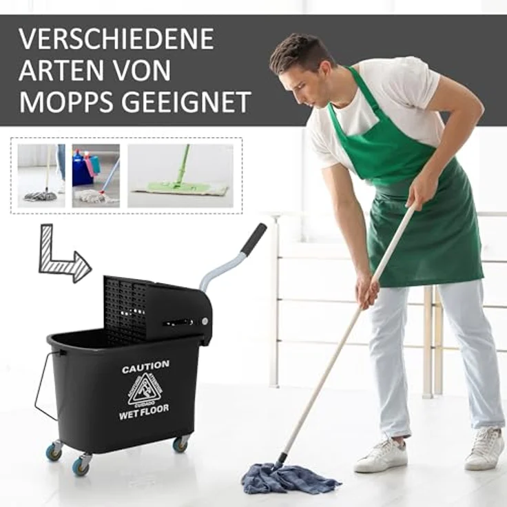 HOMCOM Putzeimer 20L, Wischwagen mit Auswringer und 2 Kammern, rollbar, Schwarz – Bild 6