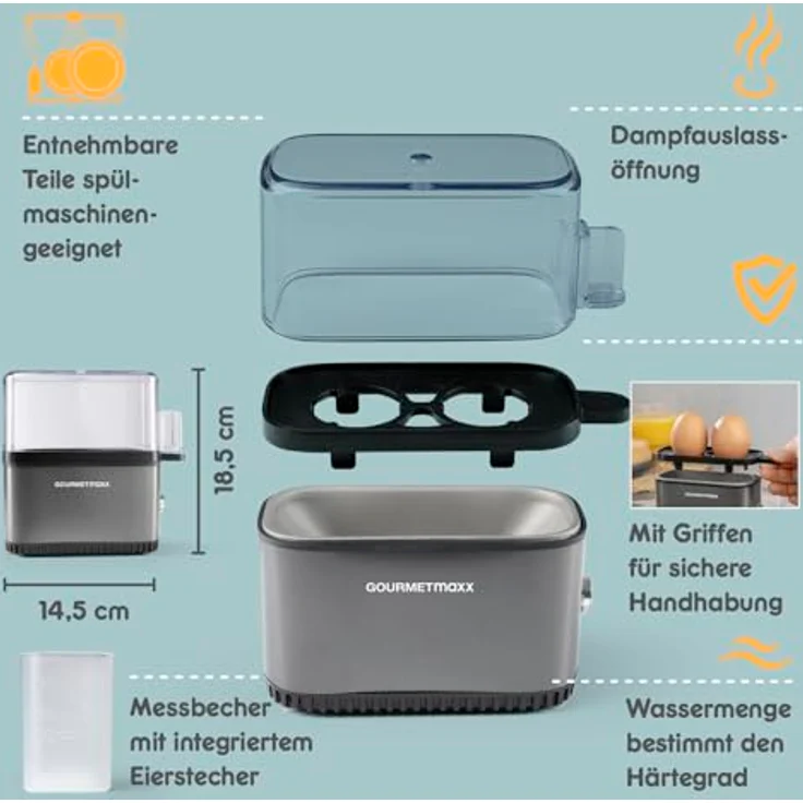 GOURMETmaxx Eierkocher Anthrazit für 2 Eier, Egg Boiler mit Eierstecher, 3 Härtegrade, spülmaschinenfeste Teile, kompakt und platzsparend – Bild 2