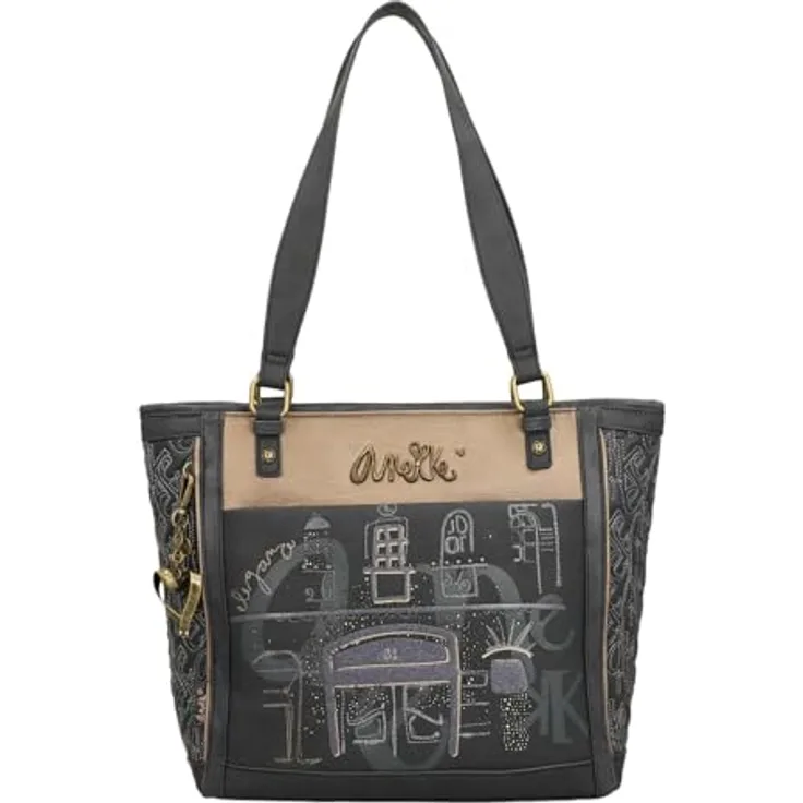 Anekke Shopper Boutique, elegante Polyurethan Einkaufstasche mit Reißverschluss und Umhängeriemen, braun