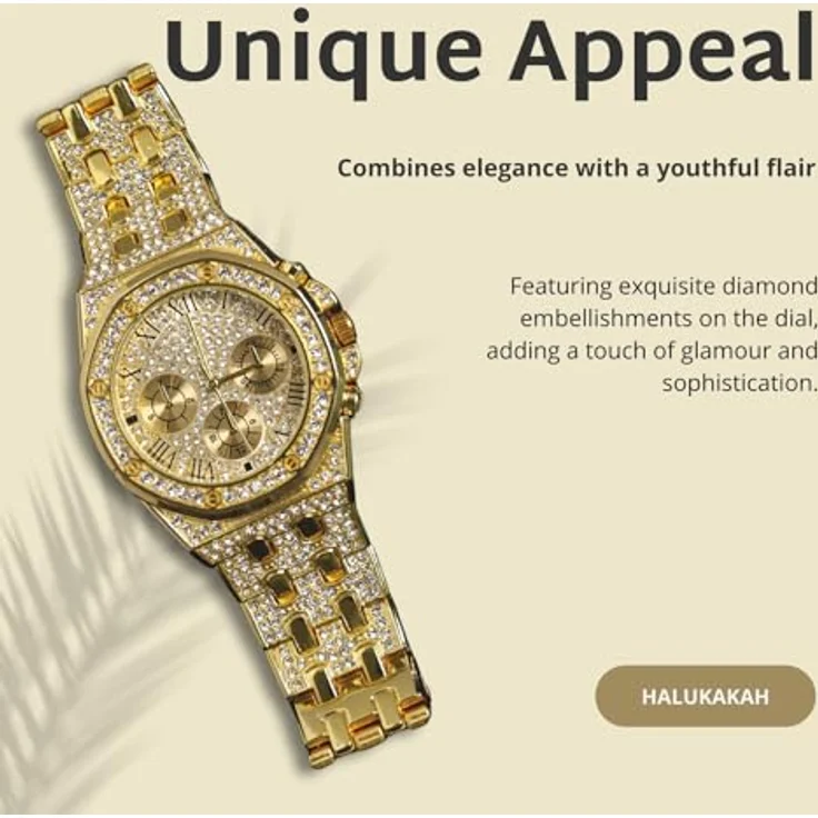 Halukakah Diamanten Gold Uhr für Jungen, Teenager und Kinder - 18K Echtgold platiniert, 40mm Achteck-Zifferblatt mit Römischen Zahlen, Japanisches Quarzwerk, 20cm Länge, inklusive Uhrenanpassungswerkzeug – Bild 5