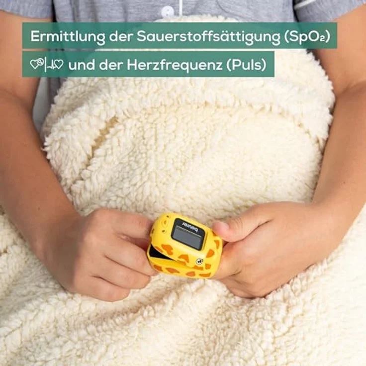 Beurer PO 13 Kids, Finger-Pulsoximeter für Kinder, sekundenschnelle Messung, automatische Display-Ausrichtung, mit Gürteltasche, Giraffen-Design – Bild 2