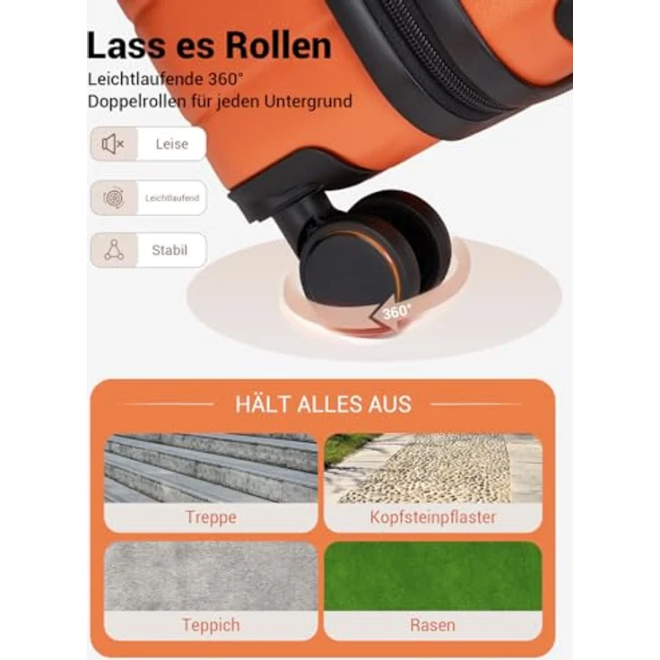 Shavont Kofferset 3-teilig, Hartschalenkoffer (ABS) in Orange mit Handgepäck 55x40x20 cm, mittelgroß L 66x45x26,5 cm, groß XL 76x50x29 cm, 4 leise 360° Doppelrollen, integriertes Schloss – Bild 5