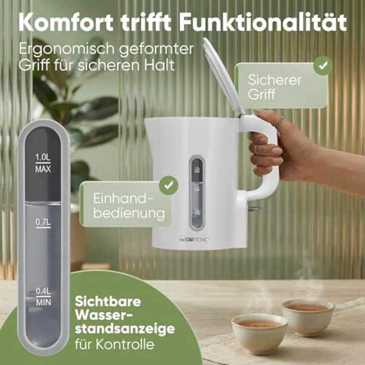 Clatronic WK 3834 Wasserkocher 1L | 900W | BPA frei | Einhandbedienung | Wasserstandsanzeige | Überhitzungsschutz | weiß – Bild 4
