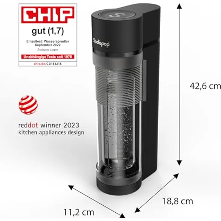 Sodapop Wassersprudler Logan matt schwarz, 850ml mit spülmaschinenfester Glasflasche und integriertem Berstschutz – Bild 4