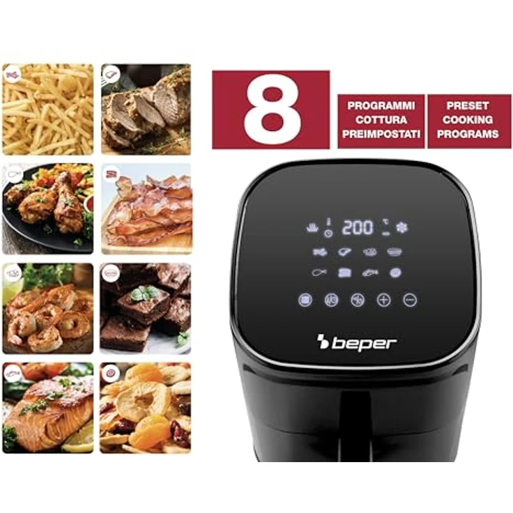 BEPER P101FRI051 Heißluftfritteuse, Frittieren ohne Öl, 5 l, Touchpad, 8 Programme, dimmbar bis 200 °C, Timer 60 Minuten, automatische Abschaltung, Schwarz – Bild 3