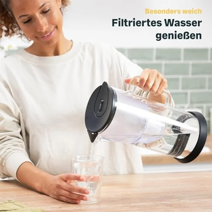 SILBERTHAL Wasserfilter Glas Karaffe 2,7 Liter - Effizientes 4-stufiges Filtersystem - Kompatibel mit Maxtra - Reduziert Kalk und Chlor - hitzebeständiges Borosilikatglas - blau – Bild 2