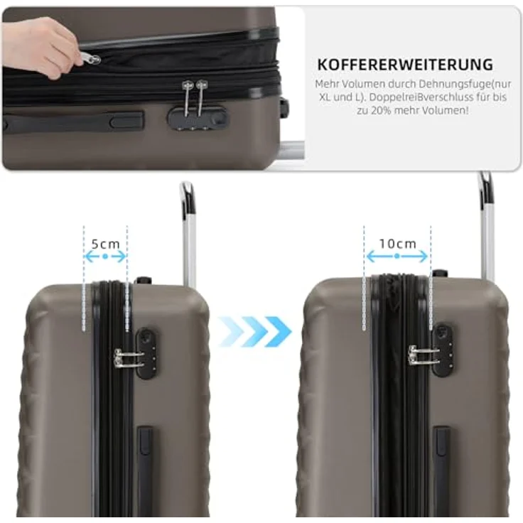 BEIBYE Trolley Koffer Reisekofferset, Hartschale mit 4 Zwillingsrollen, integriertes Sicherheits-Zahlenschloss, M (55x34x22cm), Coffee – Bild 2