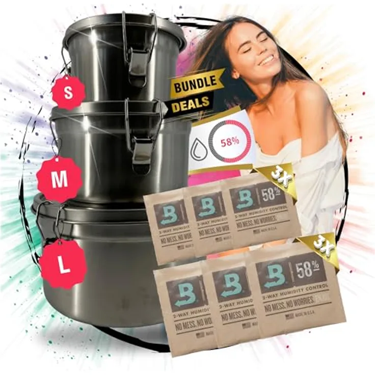 TronicXL XXL Set Kräuter Aufbewahrungsdose luftdicht kompatibel mit Boveda + Pack 58% Grow, 3er Set, Edelstahl, stapelbar, geruchsdicht