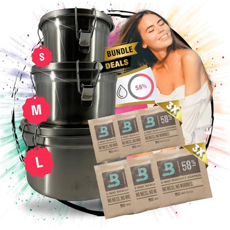 TronicXL XXL Set Kräuter Aufbewahrungsdose luftdicht kompatibel mit Boveda + Pack 58% Grow, 3er Set, Edelstahl, stapelbar, geruchsdicht – Bild 1