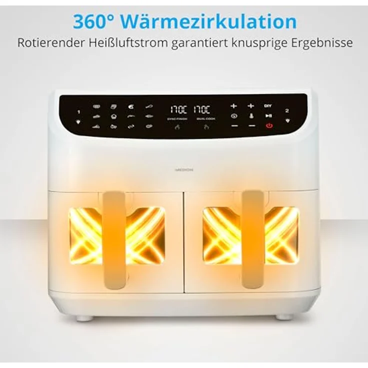MEDION P20 XXL Heißluftfritteuse mit 2 Kammern (8,7 Liter, 2.600 Watt, Doppelkammer, 9 Automatikprogramme, 2 Schubladen, Sichtfenster, Dualer Airfryer, Dual Cook & Sync-Finish Funktion) – Bild 3