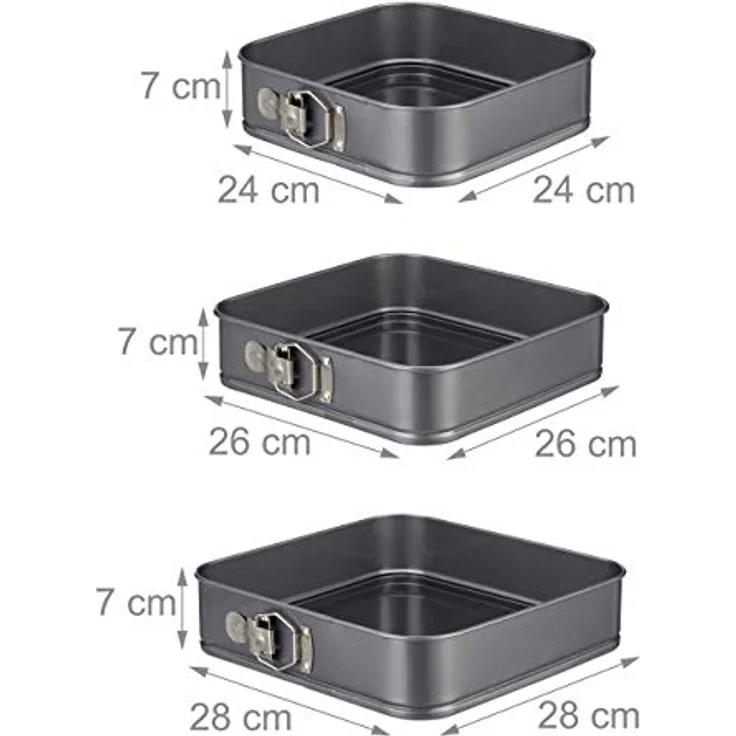 Relaxdays Springform quadratisch 3er Set, antihaftbeschichtet, eckige Kuchenform, Carbonstahl, 24, 26 & 28 cm, anthrazit – Bild 4