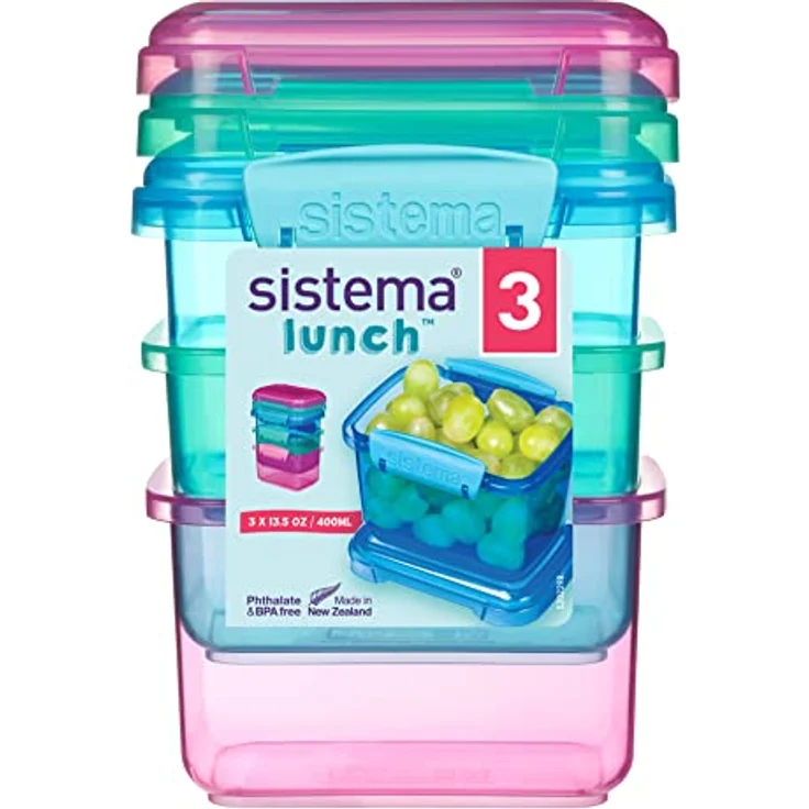 Sistema Lunch Lebensmittel Container mit kontrastierendem Clips, grün-pink-blau, 400 ml, 3 Stück – Bild 3