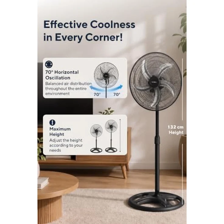 KUMTEL Standventilator KTF-340, 50 cm Durchmesser, 60 W, 70° horizontale Oszillation, höhenverstellbar, schwarz – Bild 6