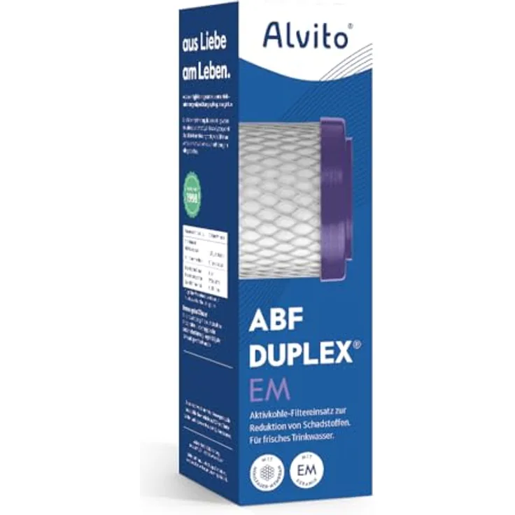 Alvito ABF Duplex EM Wasserfilter, Aktivkohleblock mit Hohlfasermembran und EM-Keramik, 7 L/min Durchfluss, bis zu 6.000 L Kapazität