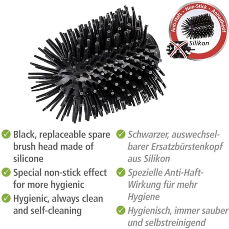 WENKO Ersatzbürsten WC-Garnitur Silikonkopf 4er Set, schwarze Anti-Haft WC-Bürsten für freistehende Garnituren, Ø 7,5 x 9,3 cm – Bild 2