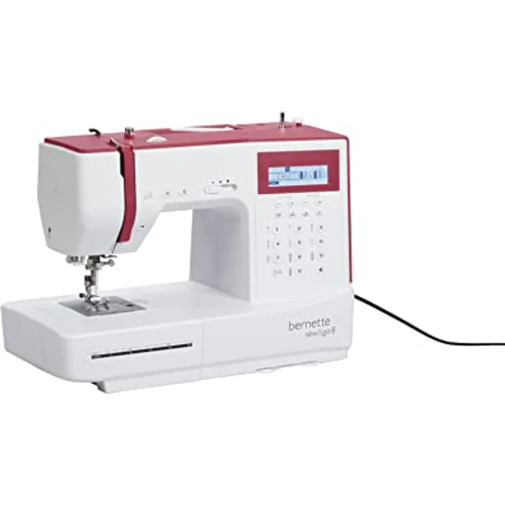 bernette sew&go 8 Computer-Nähmaschine – computergesteuerte Anfänger-Nähmaschine, einfache Bedienung, 197 Stiche, LCD-Display, Speicherfunktion, Start/Stopp-Funktion und 7 Nähfüße, weiß-rot