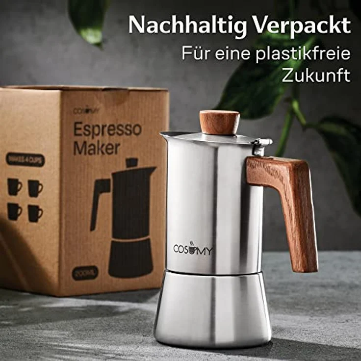 Cosumy Espressokocher, Induktionsgeeignet, FSC-zertifiziertes Eichenholz, 200 ml Fassungsvermögen – Bild 7