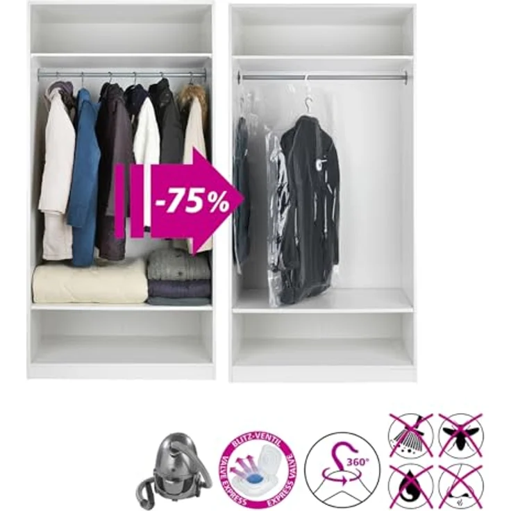 WENKO Vakuum Raumspar-Kleidersack XL, Vakuum Aufbewahrungsbeutel aus Polyethylen, 70 x 145 cm, Transparent, spart bis zu 75% Platz im Kleiderschrank – Bild 2