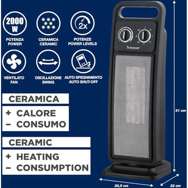 BEPER P203TER002 Keramik-Turmheizlüfter, 2000 W mit automatischer Oszillation, einstellbarem Thermostat und 2 Heizstufen, kompakt und sicher – Bild 2