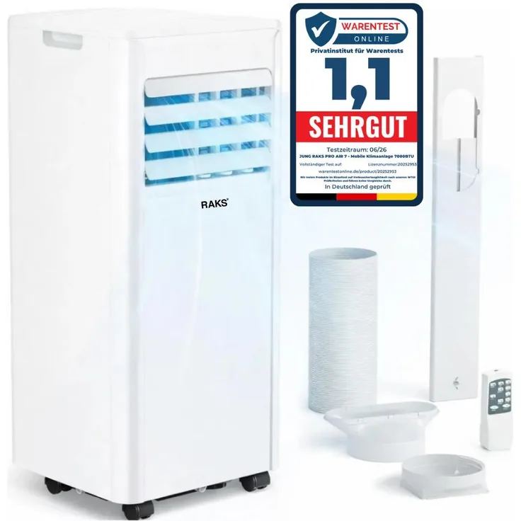 JUNG RAKS PRO AIR 7 Mobile Klimaanlage 7000 BTU, 2,1 kW, R290 Kältemittel, A, 3-in-1: Kühlen, Entfeuchten, Ventilieren, 24h-Timer, für Räume bis 20 m²