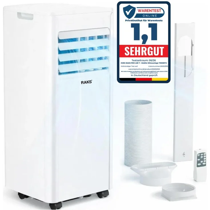JUNG RAKS PRO AIR 7 Mobile Klimaanlage 7000 BTU, 2,1 kW, R290 Kältemittel, A, 3-in-1: Kühlen, Entfeuchten, Ventilieren, 24h-Timer, für Räume bis 20 m²