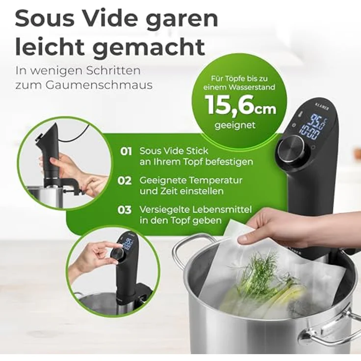 KLAMER 675051 Sous Vide Stick, 1200 Watt, wasserdichter Sous Vide Garer, mit 20-95? Temperaturregelung, Timerfunktion und LED Display – Bild 3