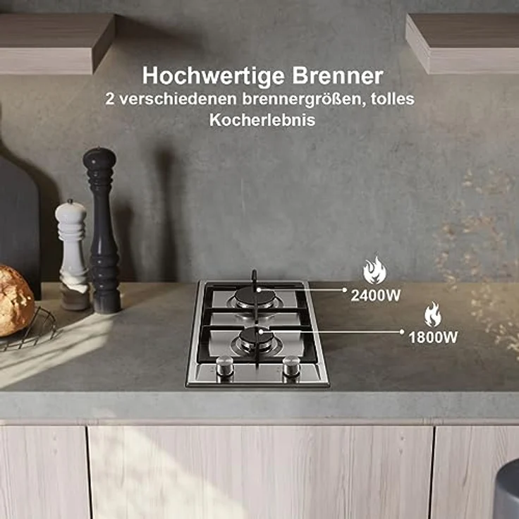 SNDOAS Gaskochfeld 2-flammig, Edelstahl Gasherd mit Automatischer Flammenschutz, NG/LPG-kompatibel, 2400 W/1800 W, Einbau oder freistehend – Bild 3