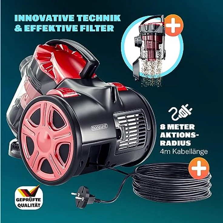 Monzana® Zyklon Staubsauger Beutellos 900W Leistungsstark 1,5L Staubvolumen Haushalt Bodenstaubsauger Kompakt Leicht Sauger HEPA Filter Rot – Bild 5