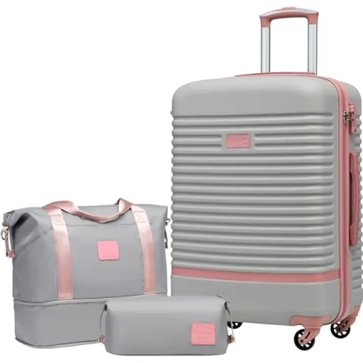 COOLIFE Koffer Set 3-TLG: Mittlerer Koffer + Reisetasche, ABS Hartschale leicht, 360° Räder, TSA-Schlösser, Grau/Rosa