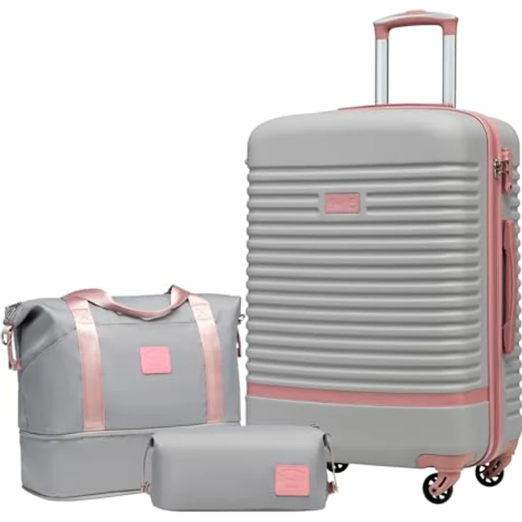 COOLIFE Koffer Set 3-TLG: Mittlerer Koffer + Reisetasche, ABS Hartschale leicht, 360° Räder, TSA-Schlösser, Grau/Rosa – Bild 1