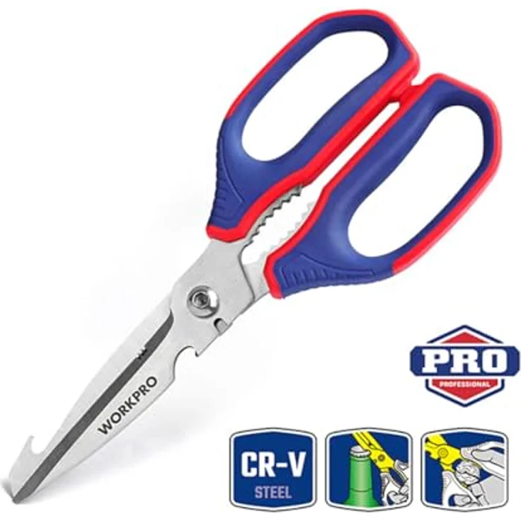 Workpro Küchenschere, Edelstahl, 25 cm, mit Flaschenöffner und Nussknacker, Blau/Rot – Bild 4