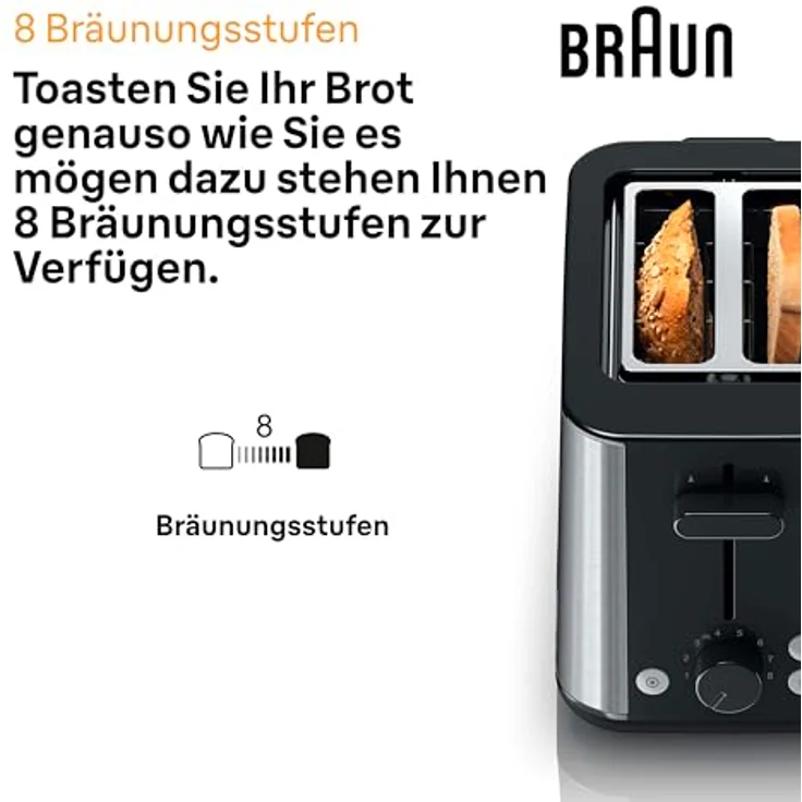 Braun HT1510BK-Schlitz-Toaster, 900 Watt, inkl. Brötchenaufsatz, automatisches Brötchenzentriersystem, schwarz, silber – Bild 2