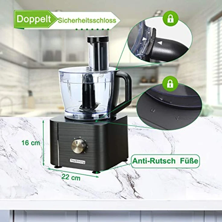 TopStrong Foodprozessor, 1100W, 11 Funktionen, 3,2L und 1,5 Behälter, inkl. Zerkleinerer, Scheidescheibe, Zitruspresse, Knethaken, schwarz – Bild 8
