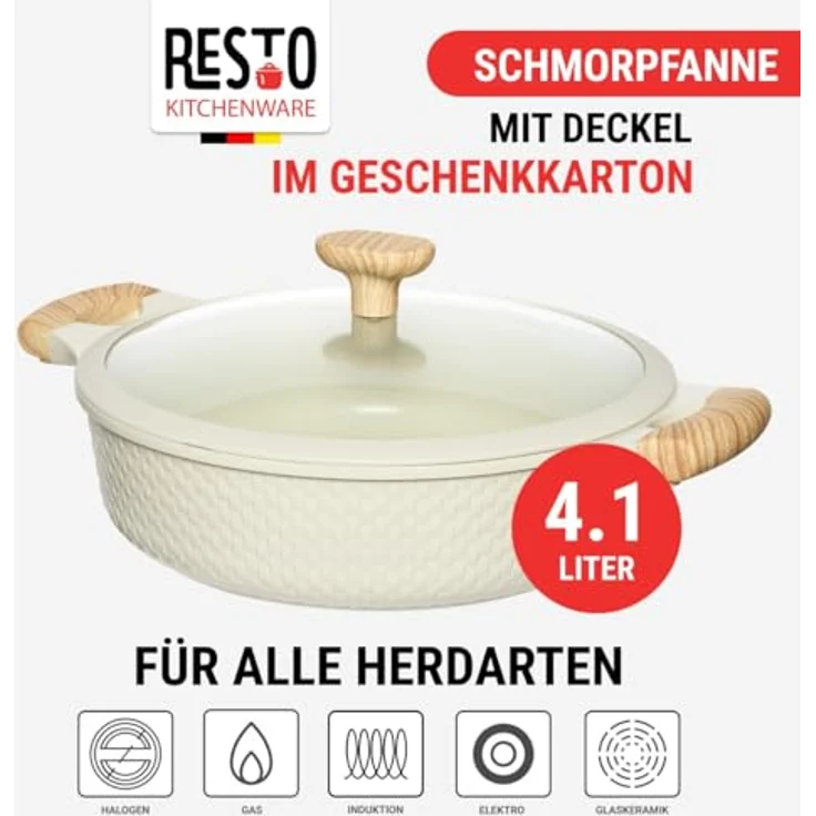 RESTO 93806 Bräter Ø28cm beige, 4,1L, antihaftbeschichtet, Induktion, mit Glasdeckel und ergonomischen Holzoptikgriffen, im Geschenkkarton – Bild 2
