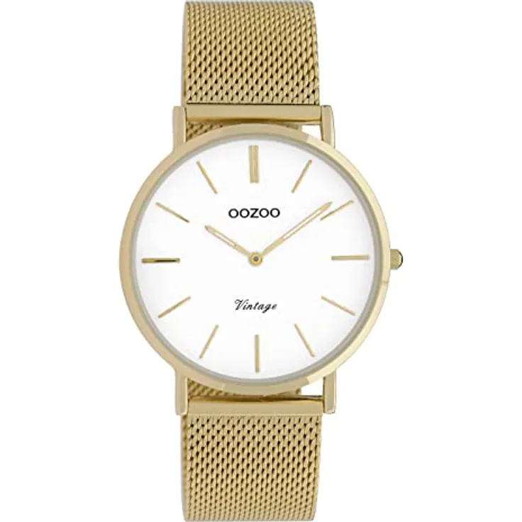 Oozoo Vintage Damenuhr mit massivem grobmaschigem Edelstahl Milanaise Metallband 36 MM Goldfarben/Weiss C9910, SII-Quarzwerk, goldfarbene Stunden- und Minutenzentrale