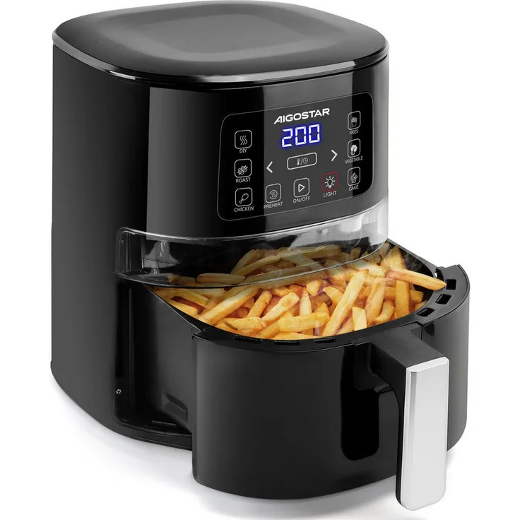 Aigostar Maha 4 L Heißluftfritteuse mit Sichtfenster, 7 voreingestellten Menüs, LED-Touchscreen, Vorheizfunktion, 1600 W, antihaftbeschichtet, schwarz