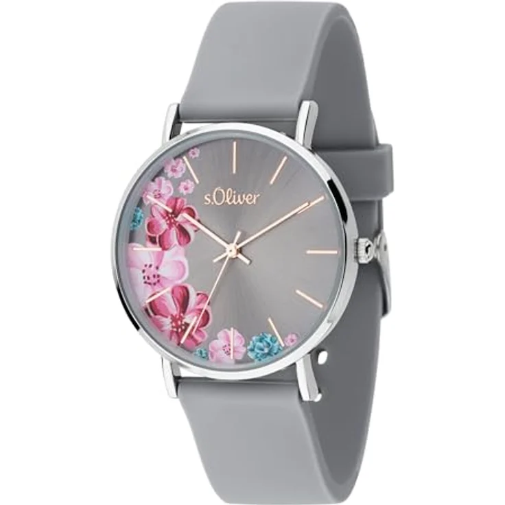 s.Oliver Damen Analog Quarz Armbanduhr SO-3707-PQ, silbernes Metallgehäuse Ø 36 mm, graues Silikonarmband, 3 ATM wasserdicht – Bild 2