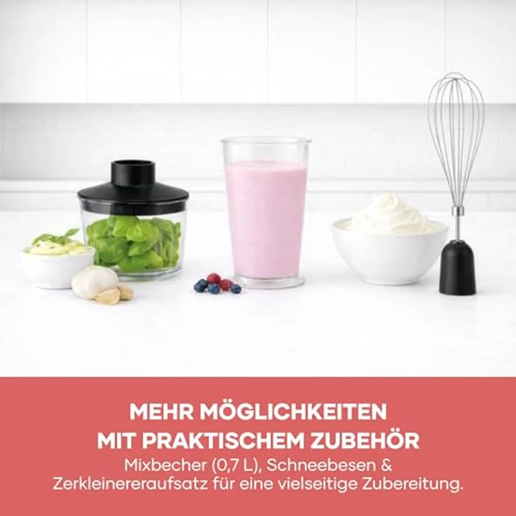 Severin SM 3762 4-in-1 Stabmixer, 350W mit 700ml Mix-/Messbecher, Schneebesen, Zerkleineraufsatz, abnehmbarer Pürierfuß, Turbotaste, schwarz – Bild 4