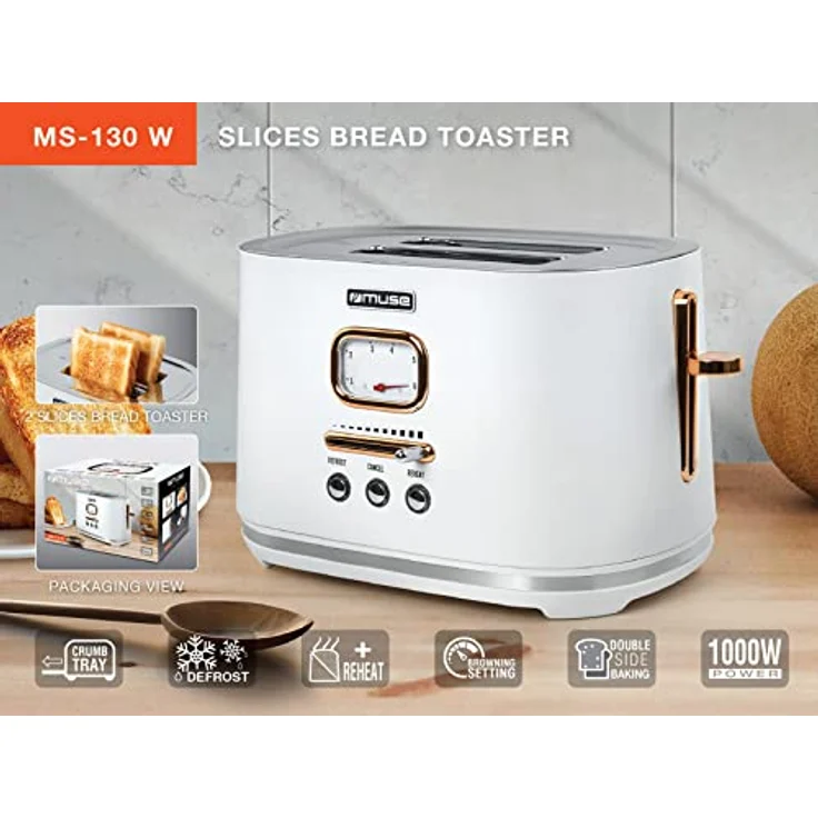 Muse Edelstahl-toaster im weißen retro Design, analoge Anzeige, beleuchtete Tasten, 6 Bräungsstufen, 2 Scheiben, MS-130 W, Vintage Look, mit Krümelschublade – Bild 2