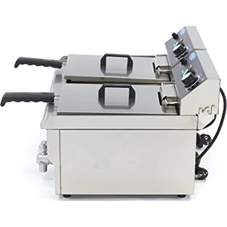 Maxima Doppel-Catering-Fritteuse, 2x 13 L Edelstahl mit Ablasshahn und abnehmbarem Deckel, 26 Liter Kapazität – Bild 3
