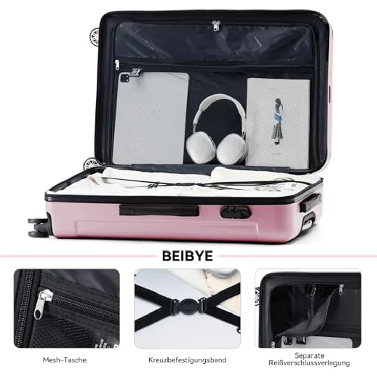 BEIBYE 2045 Zwillingsrollen Reisekoffer Kofferset 3tlg. Hartschale mit sicherem Zahlenschloss, ergonomischem Telekopgriff, 360°-Leichtlauf-System in Princess-pink – Bild 5