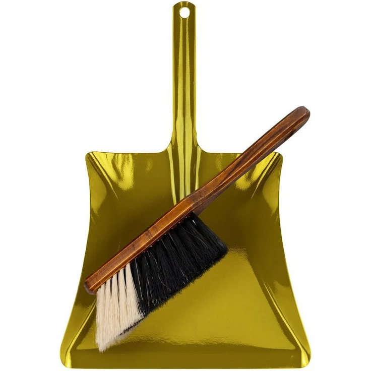 Landshop24 Kehrgarnitur Kehrset Handfeger Naturhaar + Kehrschaufel Metall brilliantgold, 2-tlg. Spar-Set, braun lackiert, für Fliesen, Laminat, Beton, Vinylboden, kein Plastik