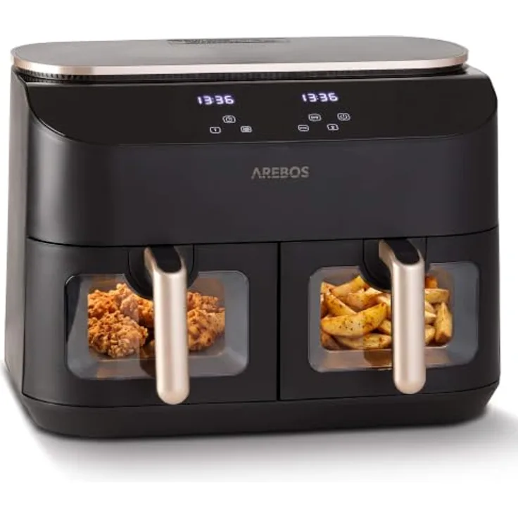Arebos Heißluftfritteuse AR-HE-DPH10, 2450 W, 10 L, 2 Garzonen mit SYNC- & MATCH-Funktion, 2 Sichtfenster, Schwarz/Roségold