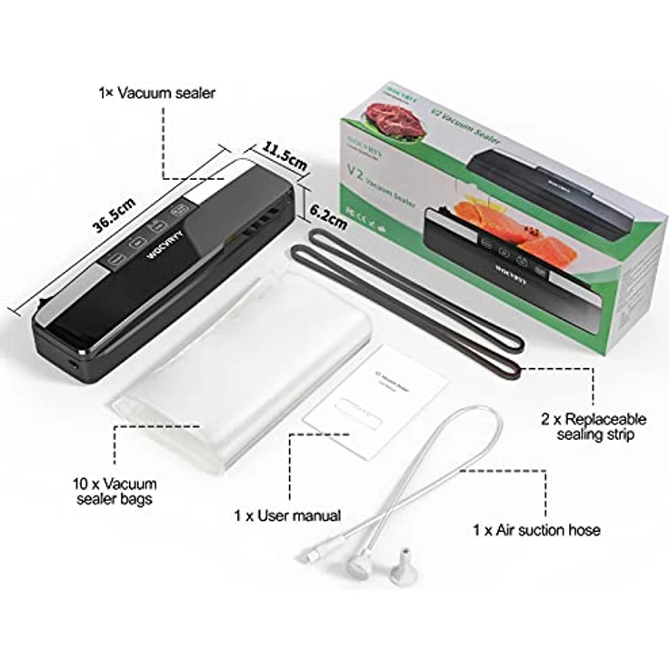 WOCVRYY Vakuumierer 6 in 1 Vakuumiergerät mit Cutter, 125W, Trocken- und Nasspumpmodus, Vakuum versiegelt, 65Kpa, LED Touchscreen, Extraktionsfunktion, 10 Profi-Folienbeute, 8-Fache Frische Länger – Bild 8