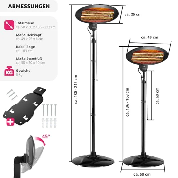 tectake Infrarotstrahler Solaris Monolith, Höhenverstellbarer Infrarotheizstrahler mit zielgerichteter Wärmeverteilung, 2000 Watt, in Schwarz – Bild 6