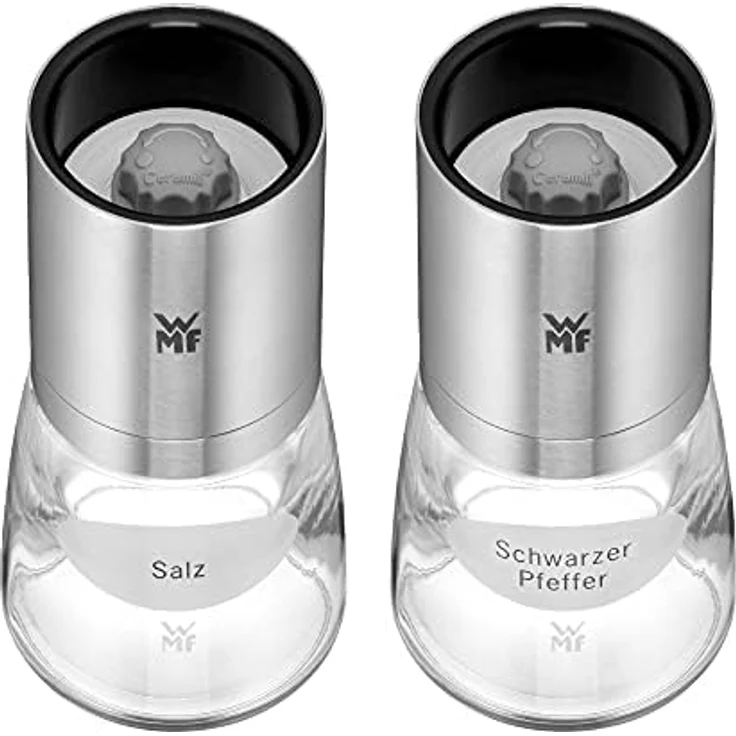 WMF De Luxe Salz und Pfeffermühle-Set 2-teilig, befüllt, Keramikmahlwerk, Edelstahl Cromargan, Glas, Gewürzmühle für Salz, Pfeffer, Chillischoten, getrocknete Kräuter, H 14 cm, Ø 6 cm, schwarz weiß – Bild 3
