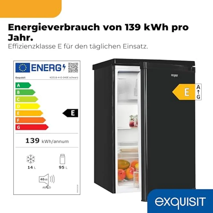 Exquisit KS516-4-E-040E, Kühlschrank 109 l mit Gefrierfach, unterbaufähig, Energieklasse E, 40 dB, freistehend, schwarz – Bild 2