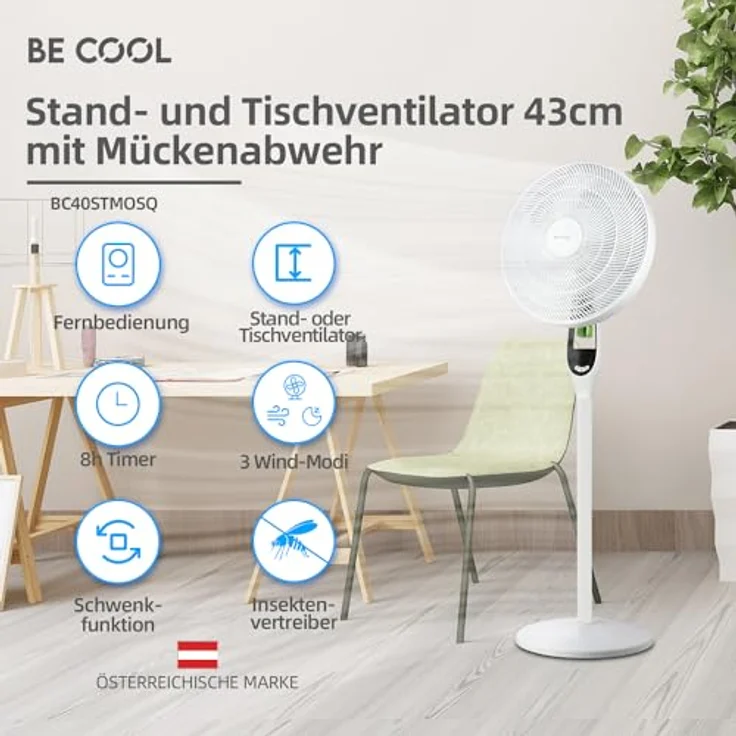 Be Cool BC40STMOSQ Stand- und Tischventilator mit Mückenabwehr, Ø 43 cm, 55 Watt, 4 Geschwindigkeiten, Schwenkfunktion, ECO-Modus, 8 Std. Timer, Fernbedienung, weiß – Bild 2
